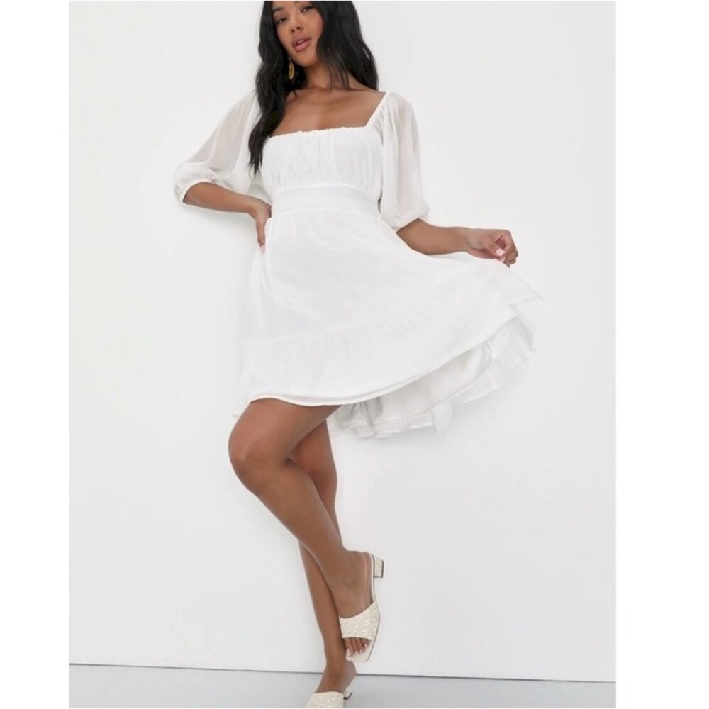 Ethereal Arrival White Puff Sleeve Tie-Back Chiffon Mini Dress